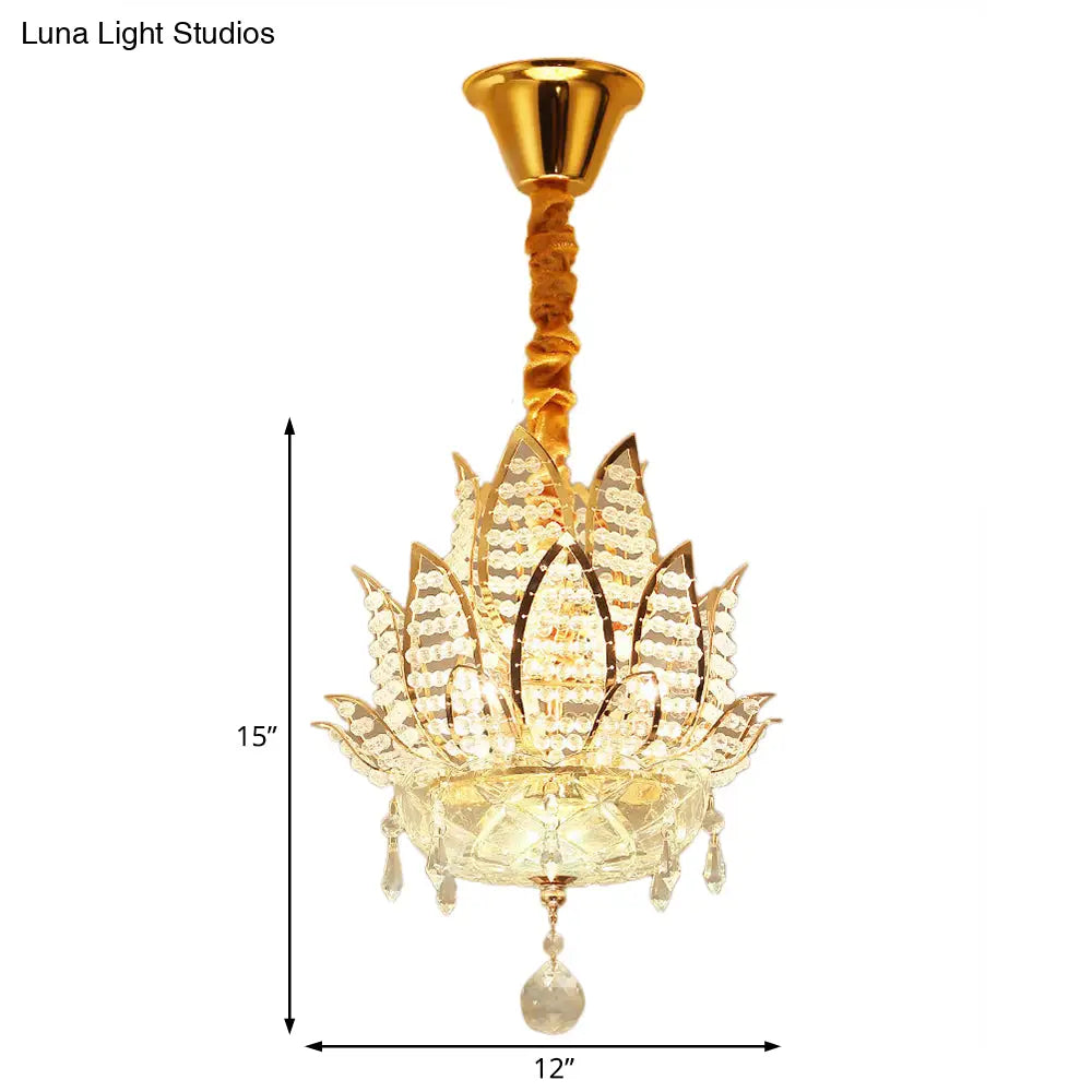 Lámpara de araña con forma de bola de cristal facetada Lotus - Lámpara colgante moderna dorada, 3 luces para pasillo