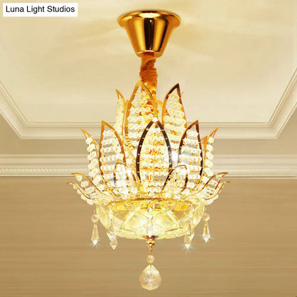 Lámpara de araña con forma de bola de cristal facetada Lotus - Lámpara colgante moderna dorada, 3 luces para pasillo