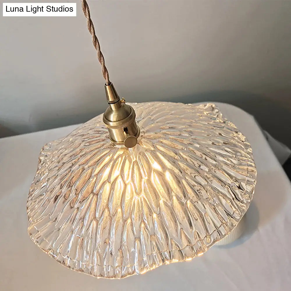 Lotus Leaf Pendant Lamp - Farmhouse Brass Clear Carved Glass Hanging Light for Dining Table