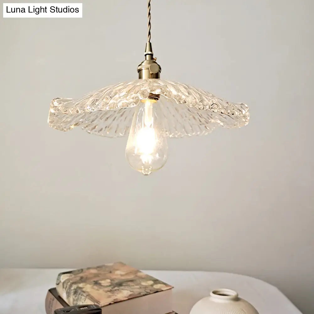 Lotus Leaf Pendant Lamp - Farmhouse Brass Clear Carved Glass Hanging Light for Dining Table