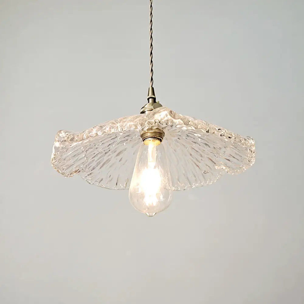 Lotus Leaf Pendant Lamp - Farmhouse Brass Clear Carved Glass Hanging Light for Dining Table