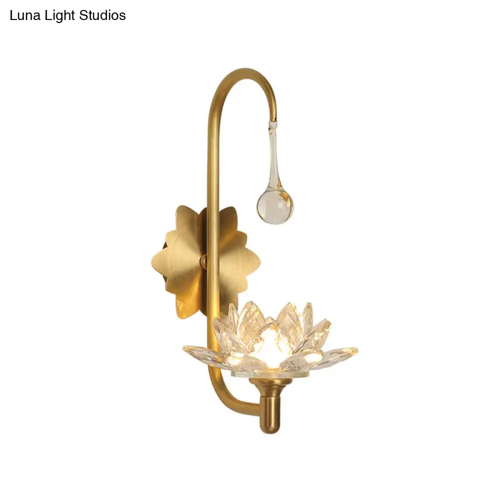 DecorBites™ Lotus Wall Lamp with Clear Crystal, Modernist Design - 1 Head Bedside Sconce in Brass