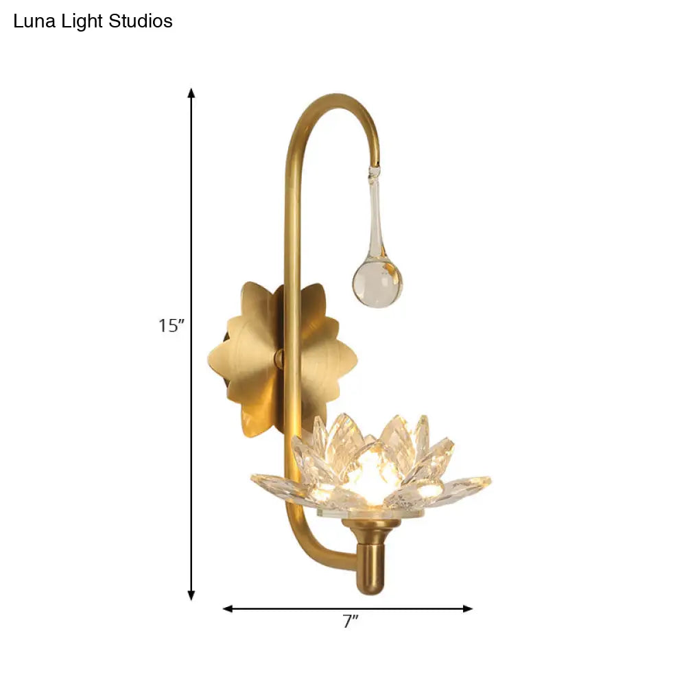 DecorBites™ Lotus Wall Lamp with Clear Crystal, Modernist Design - 1 Head Bedside Sconce in Brass