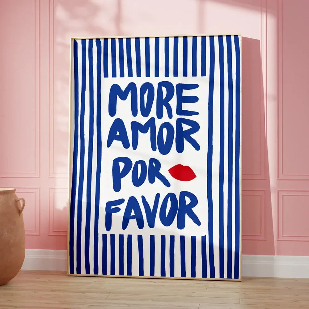 Decorbites™ blue and white striped framed wall art canvas featuring a bold kind love quote with red lipstick mark detail