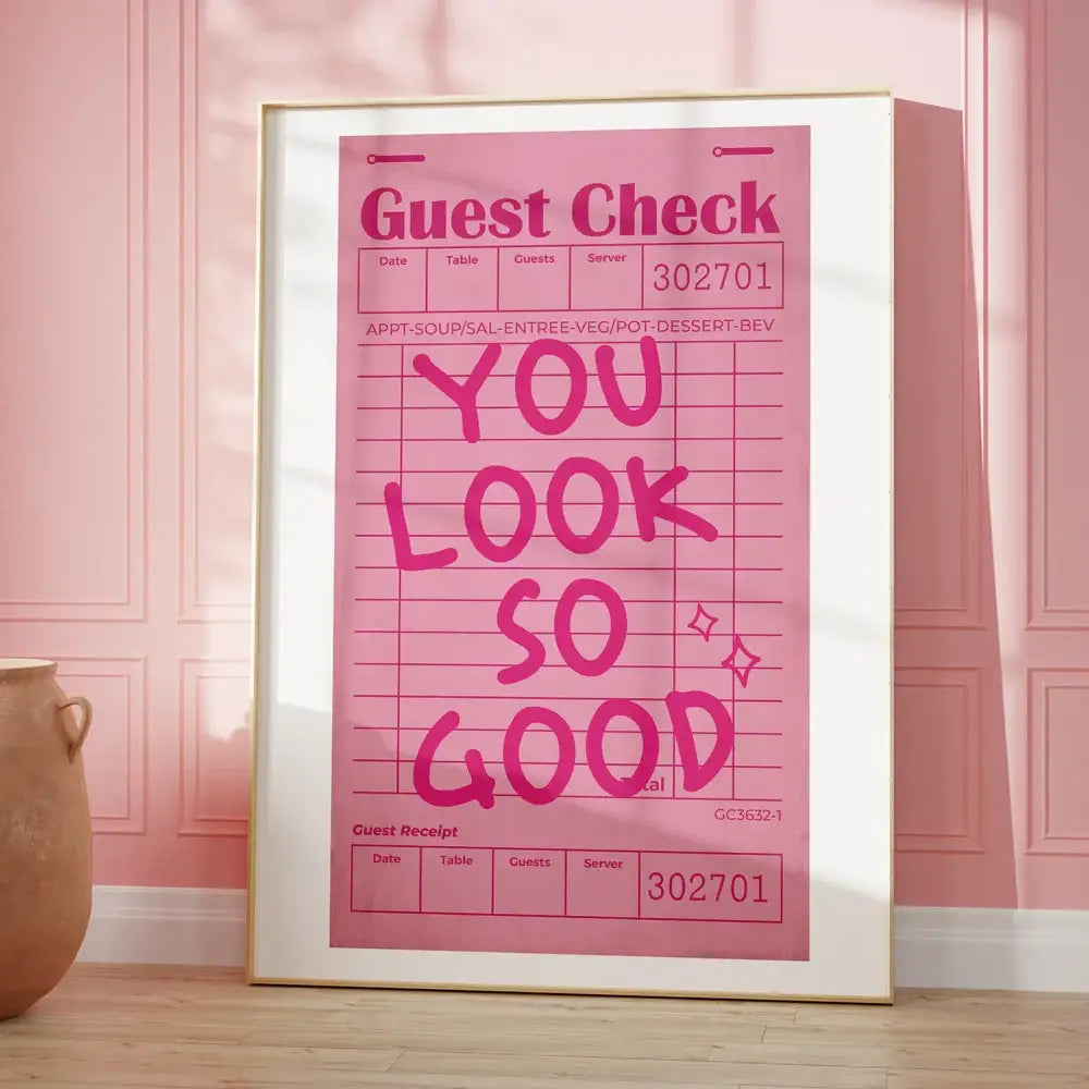 Framed pink guest check poster wall art by decorbites featuring a bold magenta kind love quote in handwritten style