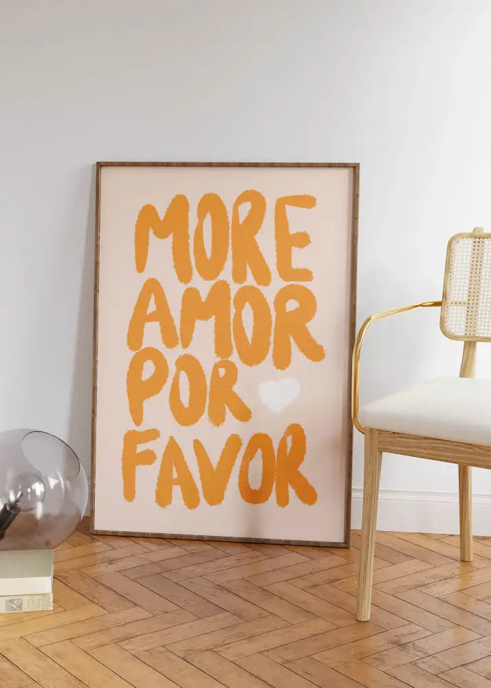A framed DecorBites™ canvas wall art with a bold orange kind love quote and white heart on a soft beige background