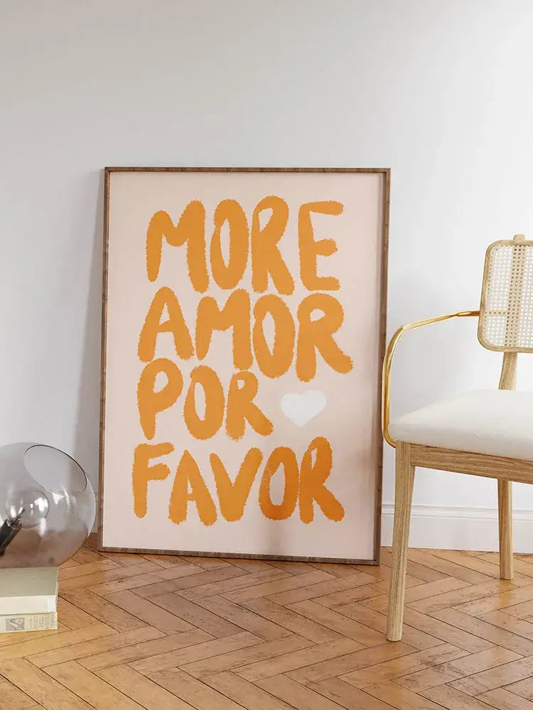 A framed DecorBites™ wall art canvas with bold orange love quote and kind love quote on soft beige background