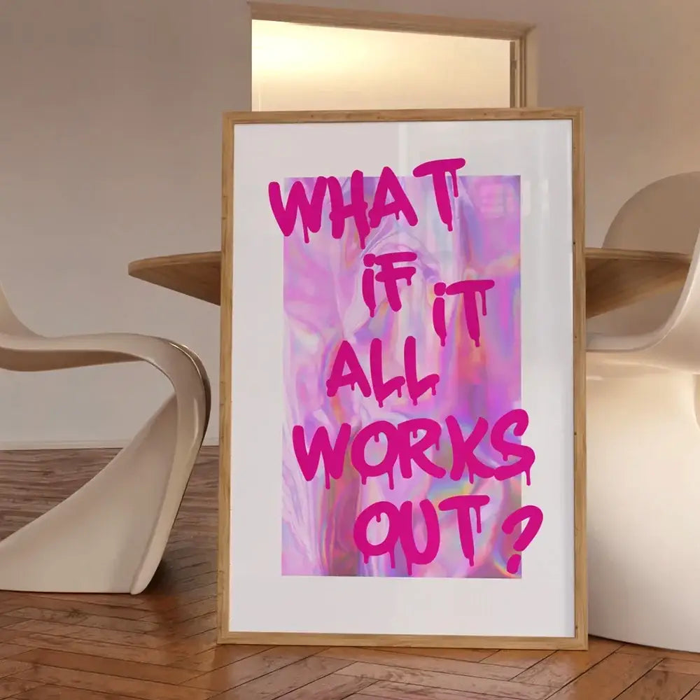 DecorBites™ kind love quote wall art canvas with bold pink dripping lettering on iridescent pastel background in wood frame