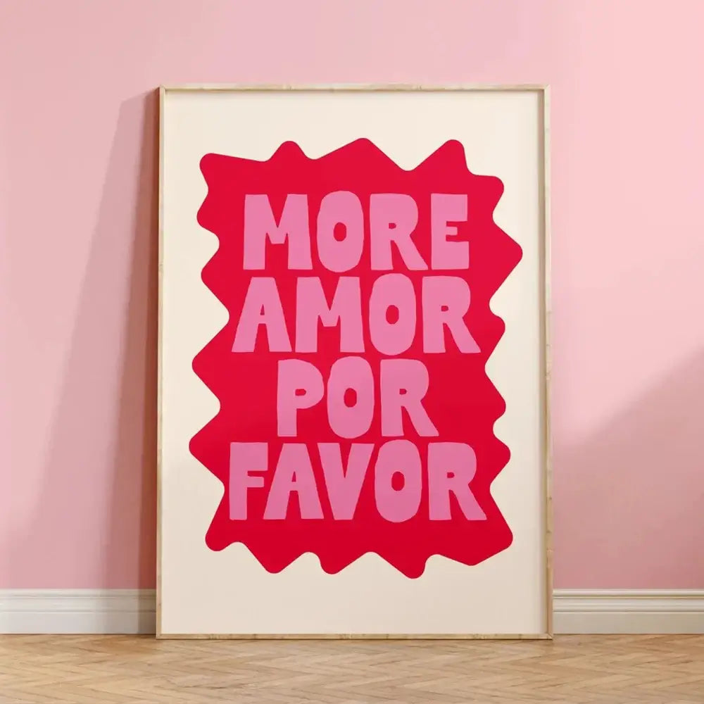 A framed wall art print by decorbites™ featuring a kind love quote in bold pink on a vibrant red wavy background