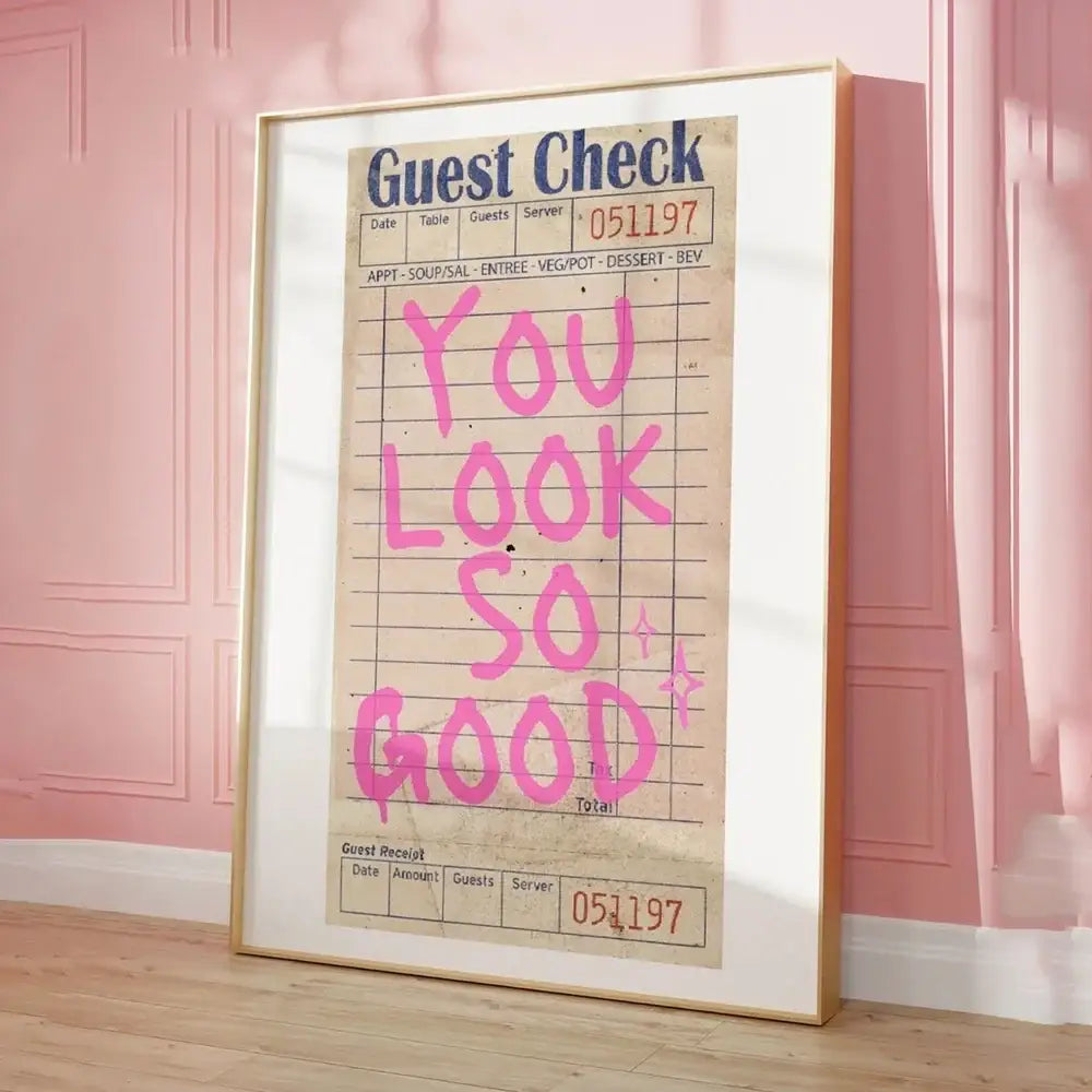 Decorbites™ framed vintage style wall art with bold pink graffiti love quote on aged paper in gold toned frame