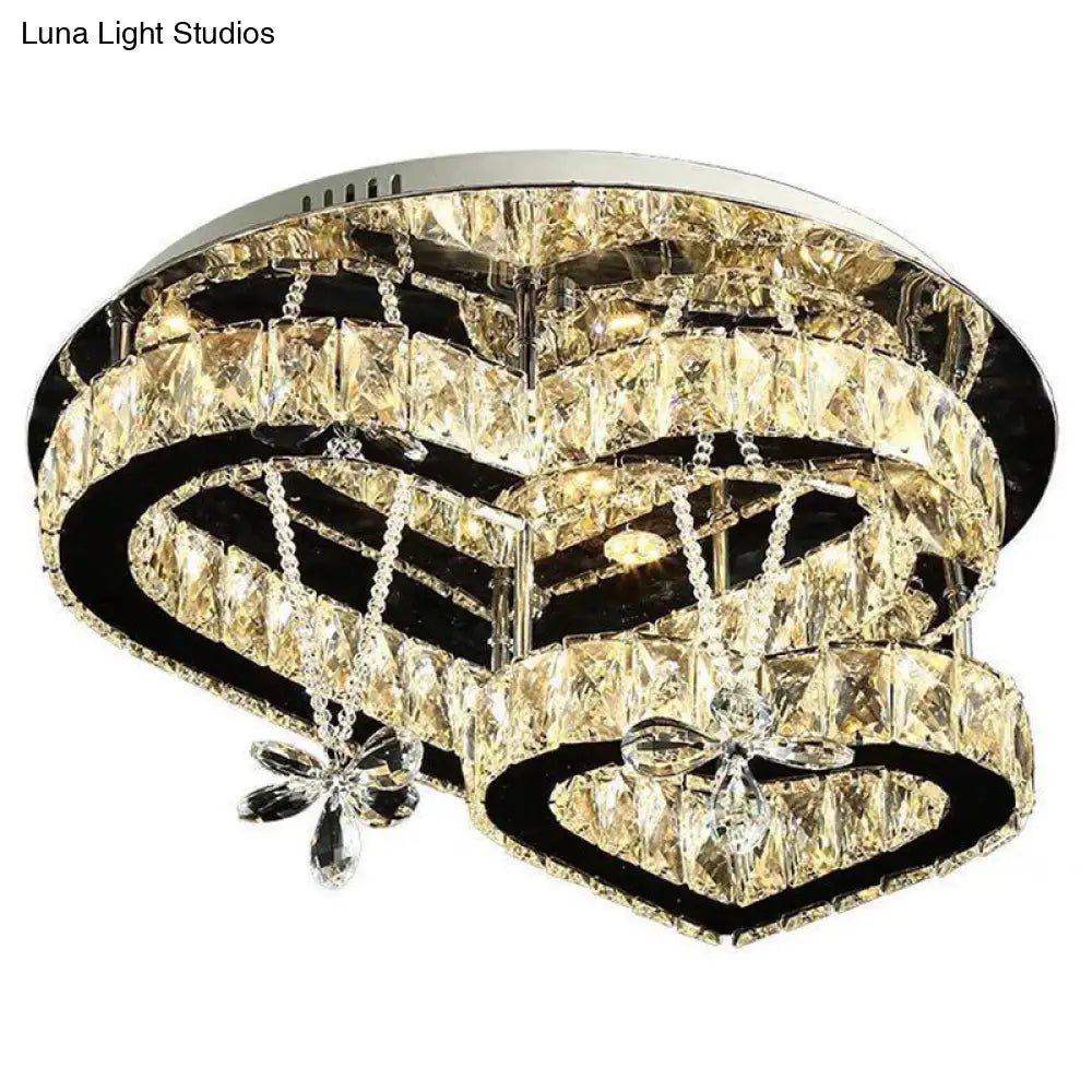 DecorBites™ DecorBites™ Loving Heart Ceiling Flush Light with Maple Leaf Charm - 2 Tiers, Stainless Steel Mirror Crystal Bedroom LED Lamp