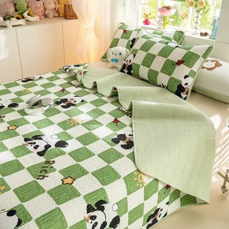 Green and white checkered cartoon pattern cotton mattress mat with panda designs for bedroom decorbites collection