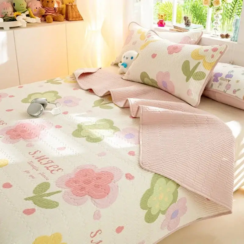 Pastel floral quilted mattress mat with pink green and yellow blossoms on cream background decorbites cartoon pattern cotton