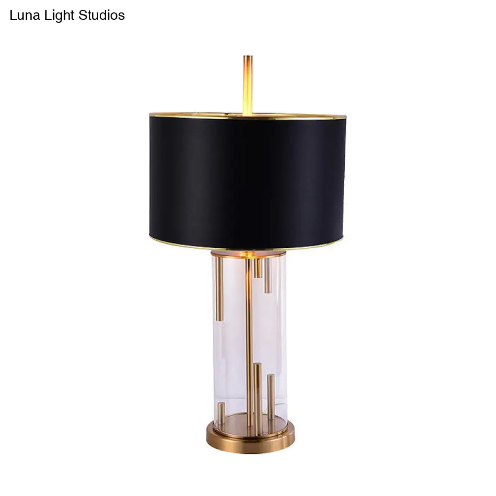 Ludovica - Black Fabric Night Table Lamp with Clear Glass Base - Traditional Drum