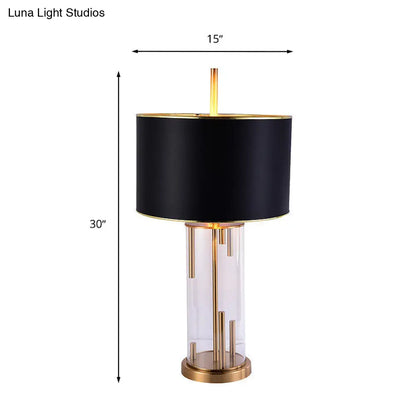 Ludovica - Black Fabric Night Table Lamp with Clear Glass Base - Traditional Drum