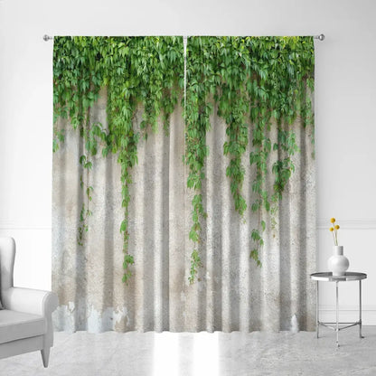 Green leaf plant printed sheer curtains with lush ivy design against textured weathered concrete background