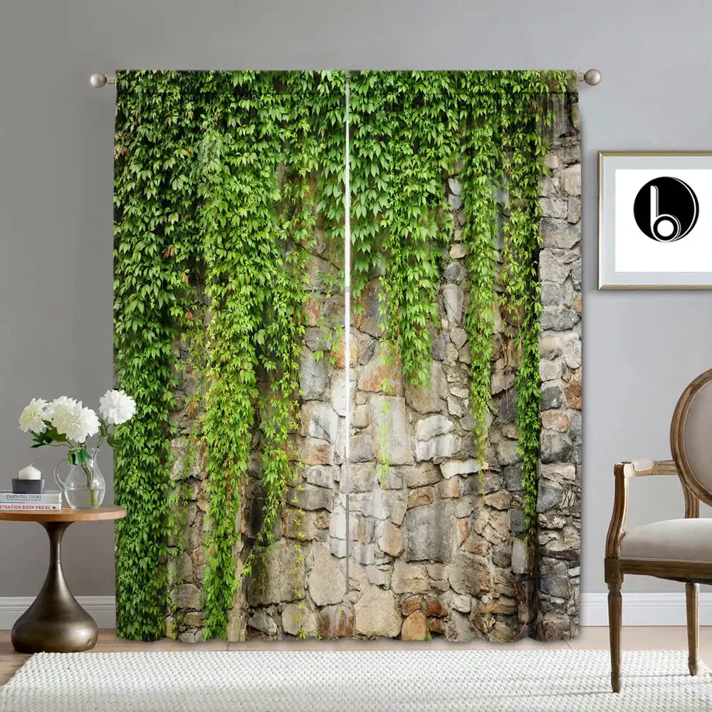 Sheer curtain panels with lush green ivy leaf plant printed design for living room plant printed curtains