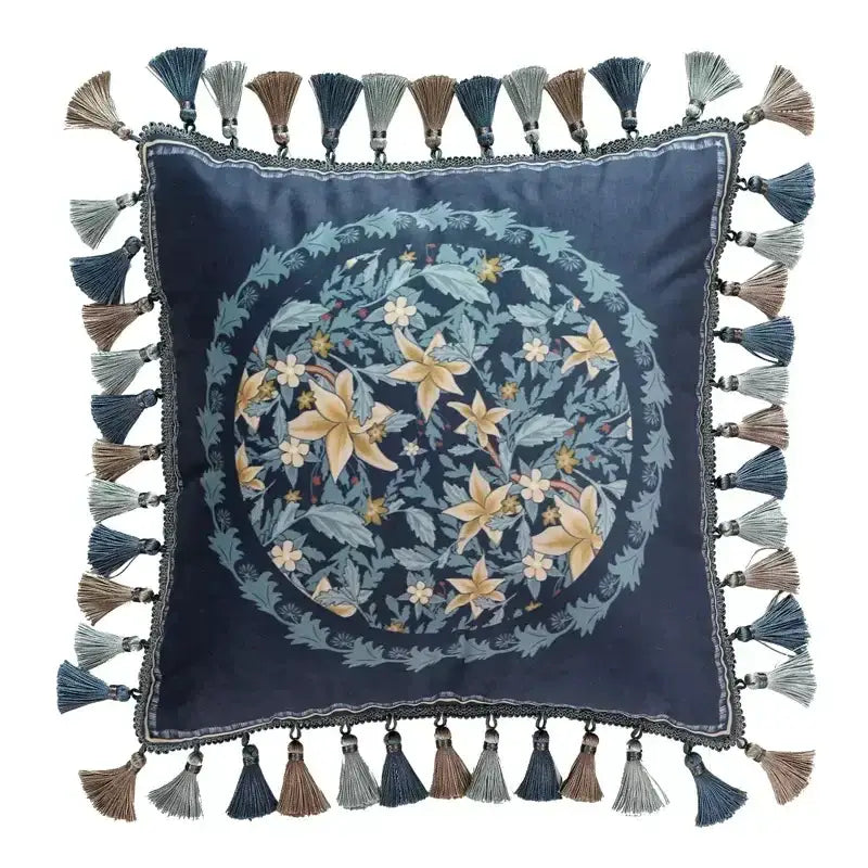 Navy blue satin camellia floral velvet cushion cover with circular embroidery and multi-colored tassels for living room decor