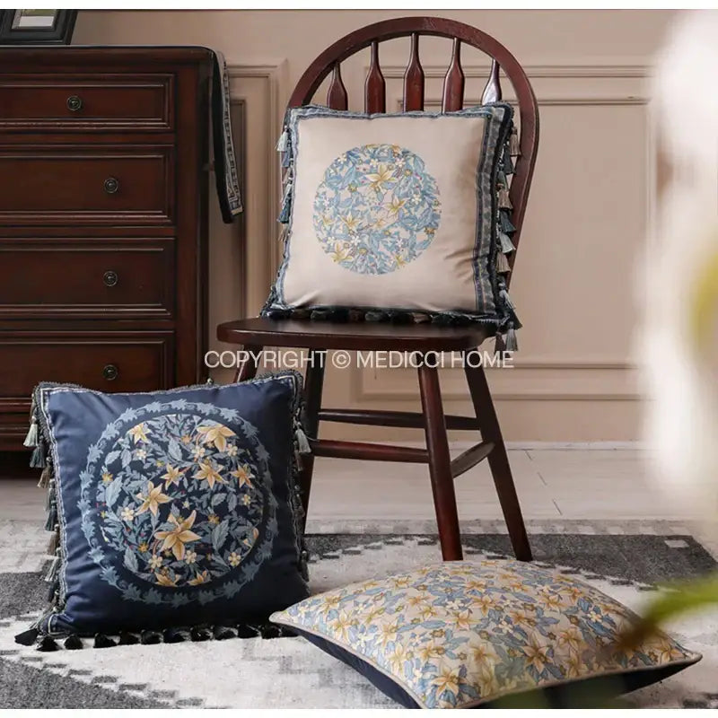 Beige and navy blue embroidered floral camellia floral velvet cushion cover with tassel trim for living room decorbites