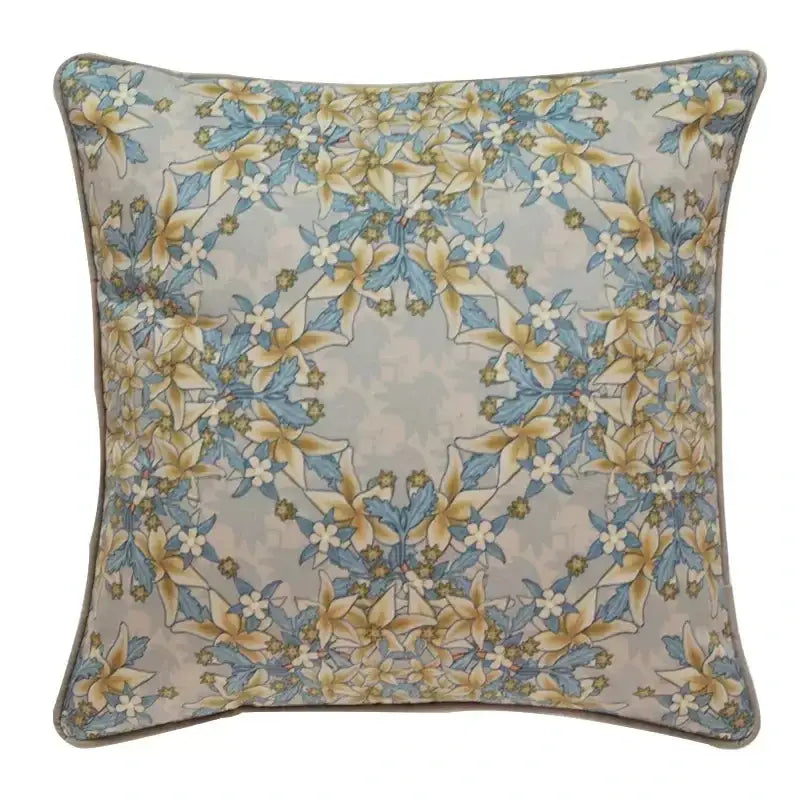 Square cushion cover with luxe blue and gold camellia floral velvet featuring ornate leafy vine decorbites camellia floral design