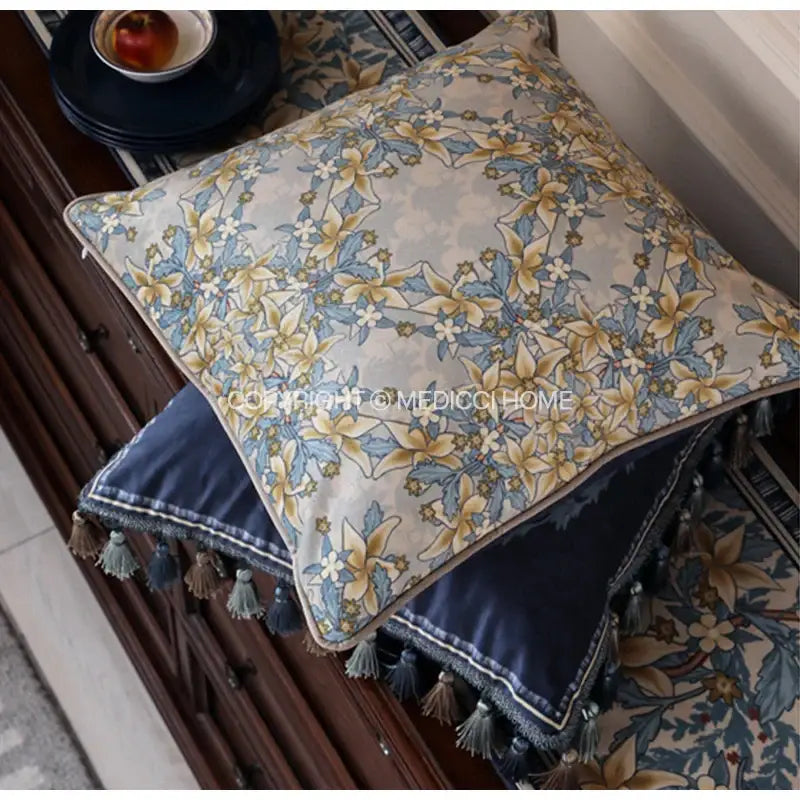 Beige and blue floral patterned camellia floral velvet cushion cover with tassel trim for living room decor by decorbites