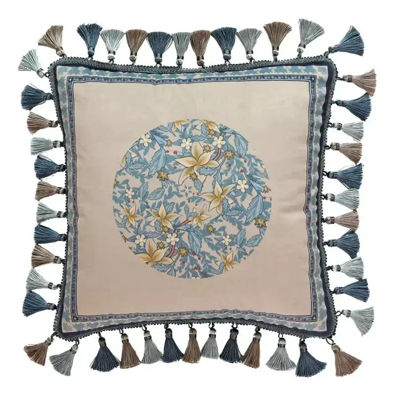 Square cushion cover with beige base and decorbites camellia floral velvet embroidered design in blue and gold tones