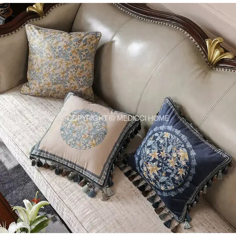 Two embroidered throw pillows with beige and navy blue camellia floral velvet cushion cover decorbites camellia floral