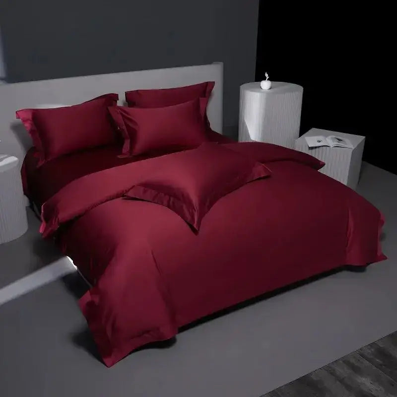Luxury burgundy red egyptian cotton bedding set with deep red satin pillows and duvet for elegant bedroom decor