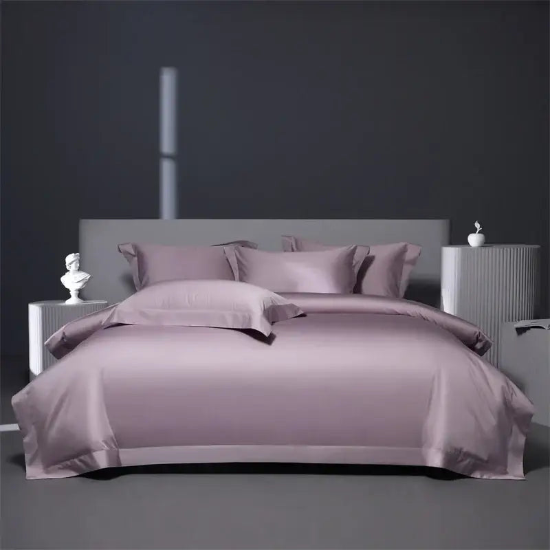 Lavender satin bed set with matching pillows showcasing a smooth luxurious finish alongside burgundy red egyptian cotton bedding set
