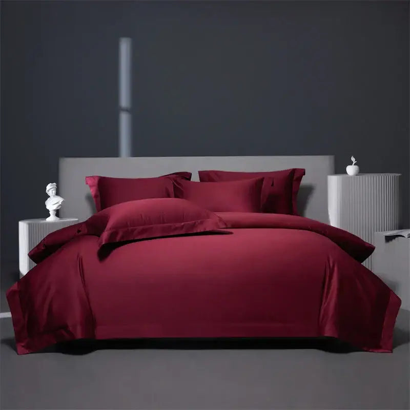 Luxe burgundy red egyptian cotton bedding set with a smooth satin finish for a luxurious bedroom experience