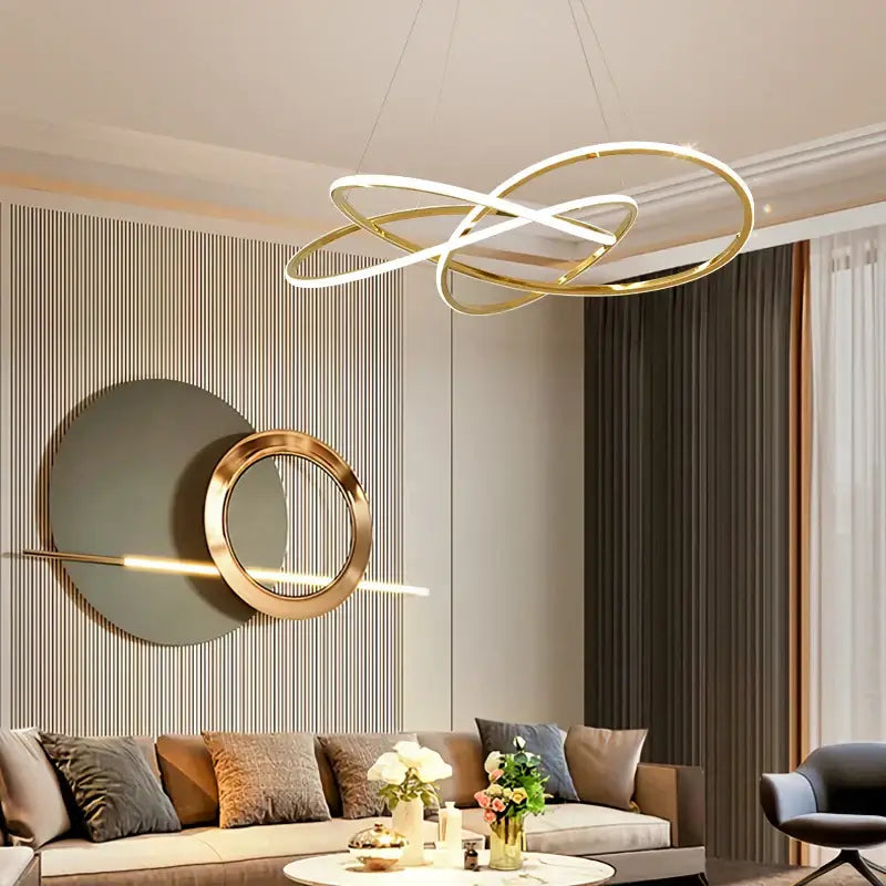 Luxe four leaf gold stainless steel pendant lamp with gold infinity loop and integrated led lighting for dining room