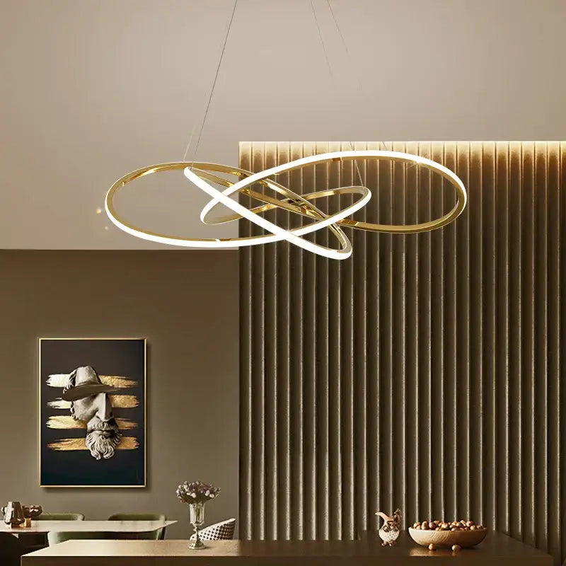 Luxe four leaf gold stainless steel pendant lamp with intertwined circular rings and illuminated led strips for dining room