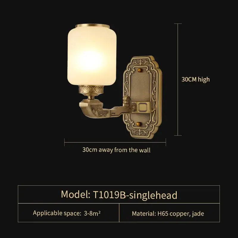 Antique brass finished wall sconce with frosted glass shade and ornate jade accents for decorbites jade chandelier living space