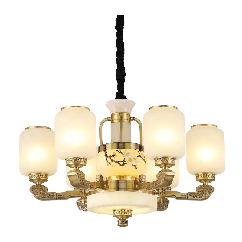 Brass-finished decorbites jade chandelier with five frosted glass shades and a cherry blossom ceramic panel for living room decor