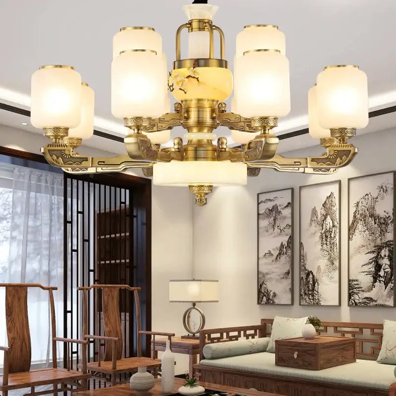 Brass-finished decorbites jade chandelier with frosted glass shades and traditional chinese design for living space decor