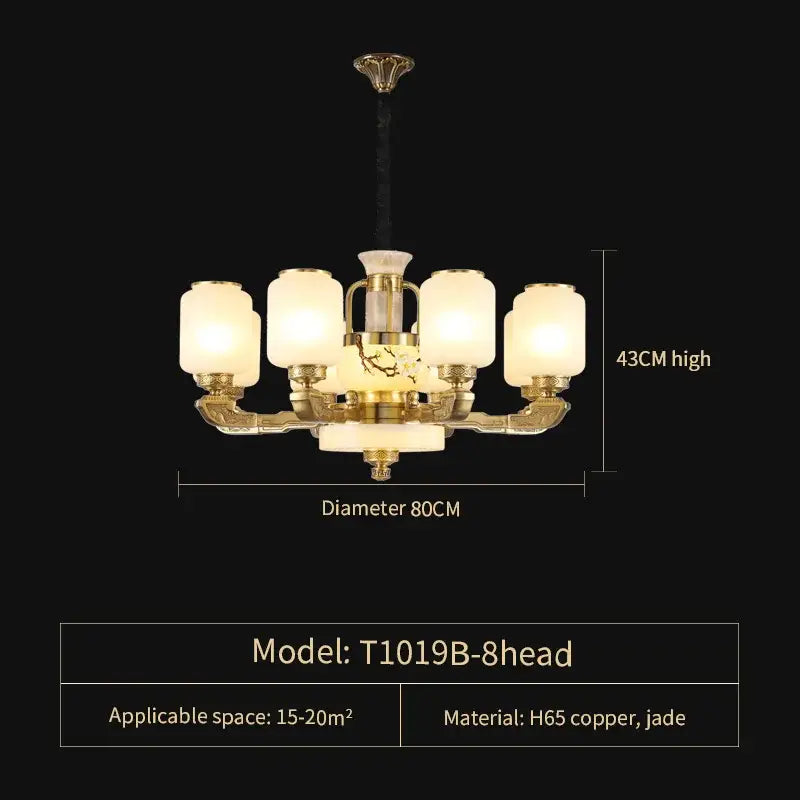 Elegant 8-light decorbites jade chandelier with a golden h65 copper frame and frosted glass jade shades for living room lighting
