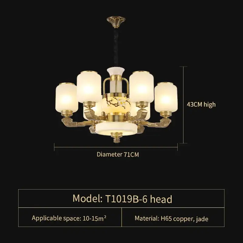 Elegant six-arm decorbites jade chandelier with gold-finished copper frame and frosted glass shades for living room decor