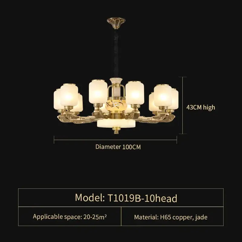 Elegant decorbites jade chandelier with ten frosted glass shades and a central jade panel in luxe gold copper h65 finish