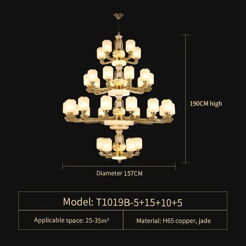 Luxe gold and frosted glass jade chandelier with a multi-tiered copper frame, ideal for living room decorbites jade light