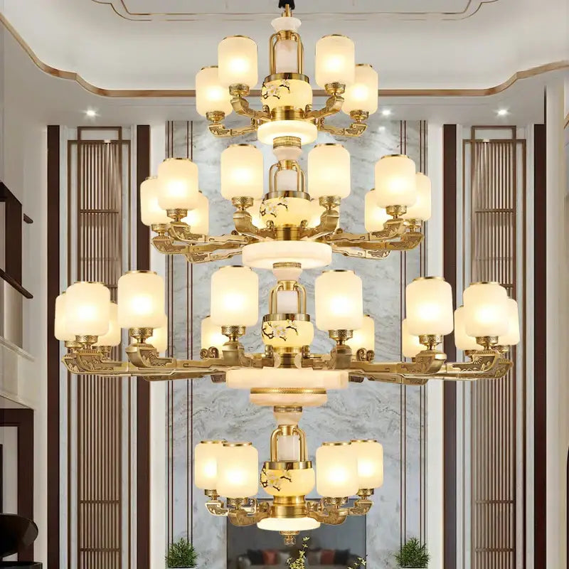 Luxe gold and frosted glass jade chandelier with ornate carved details for elegant living room decorbites jade chandelier