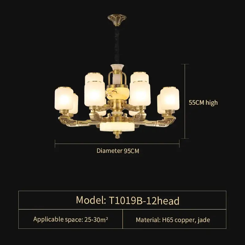 Gold-toned decorbites jade chandelier with twelve frosted glass shades ideal for elegant living space lighting model t1019b-12head