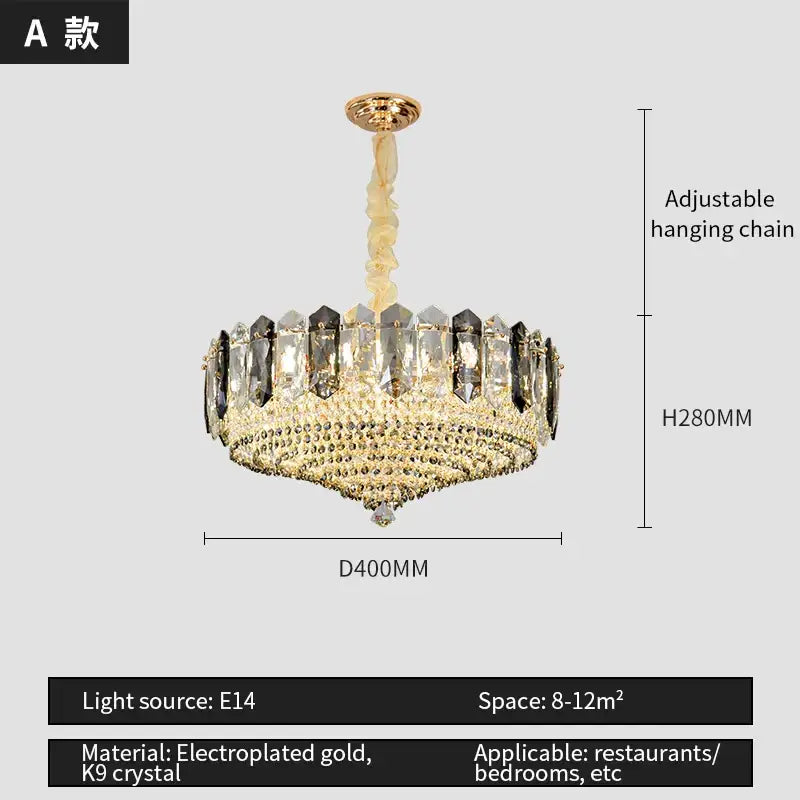 Luxe gold and gray crystal duplex villa chandelier with gold electroplated frame and clear dark k9 crystals decorbites crystal duplex