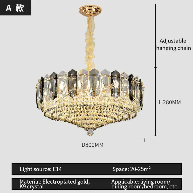 Luxe gold and gray crystal duplex villa chandelier with tiered gold electroplated frame and clear dark k9 crystals