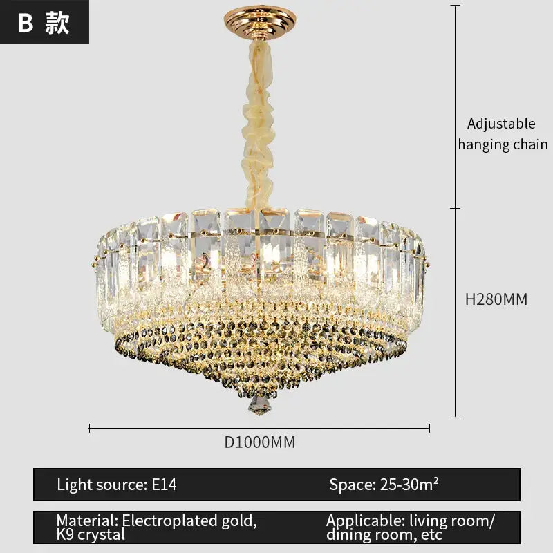 Luxe gold and gray crystal duplex villa chandelier with gold electroplated frame and clear k9 crystal tiers for decorbites crystal duplex