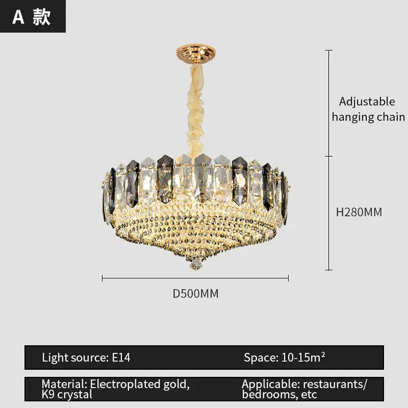 Luxe gold and gray crystal duplex villa chandelier with gold electroplated tiered design and clear and dark k9 crystals