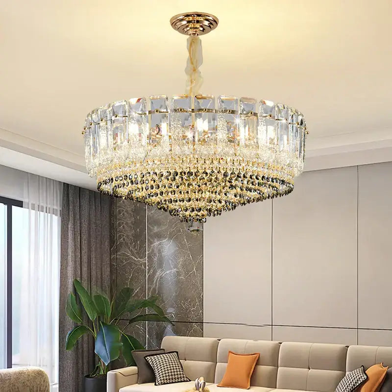 Luxe gold and gray crystal duplex villa chandelier with cascading clear and amber crystals for elegant living room decorbites crystal duplex