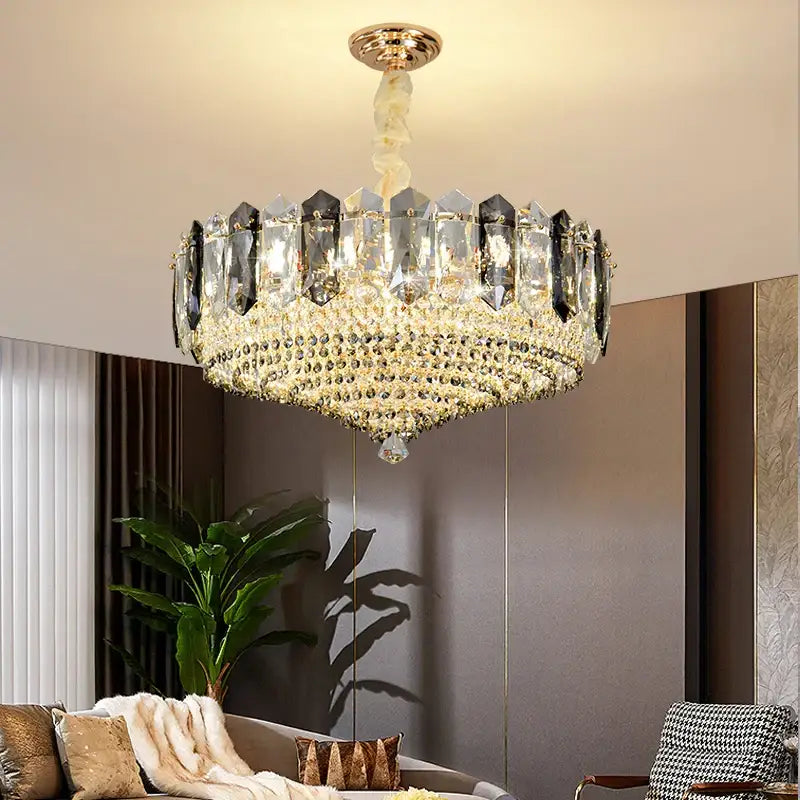 Luxe gold and gray decorbites crystal duplex villa chandelier with gold ceiling mount and cascading clear and dark crystals
