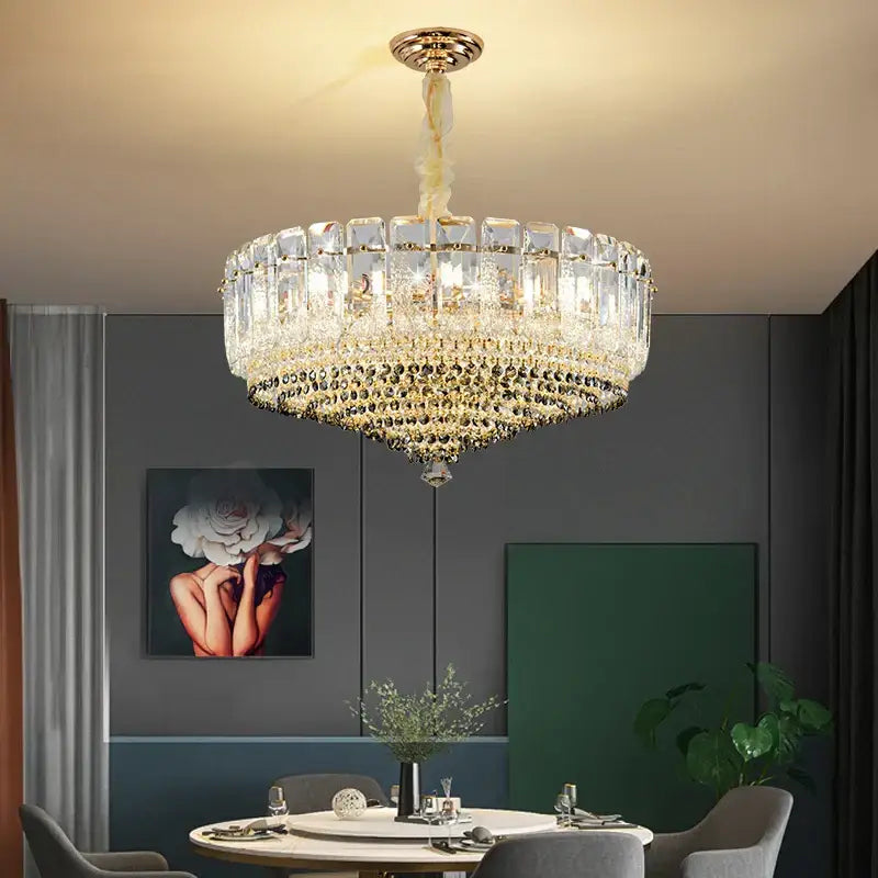 Luxe gold and gray crystal duplex villa chandelier with multi-tiered clear and golden-hued crystals for living room decorbites crystal duplex