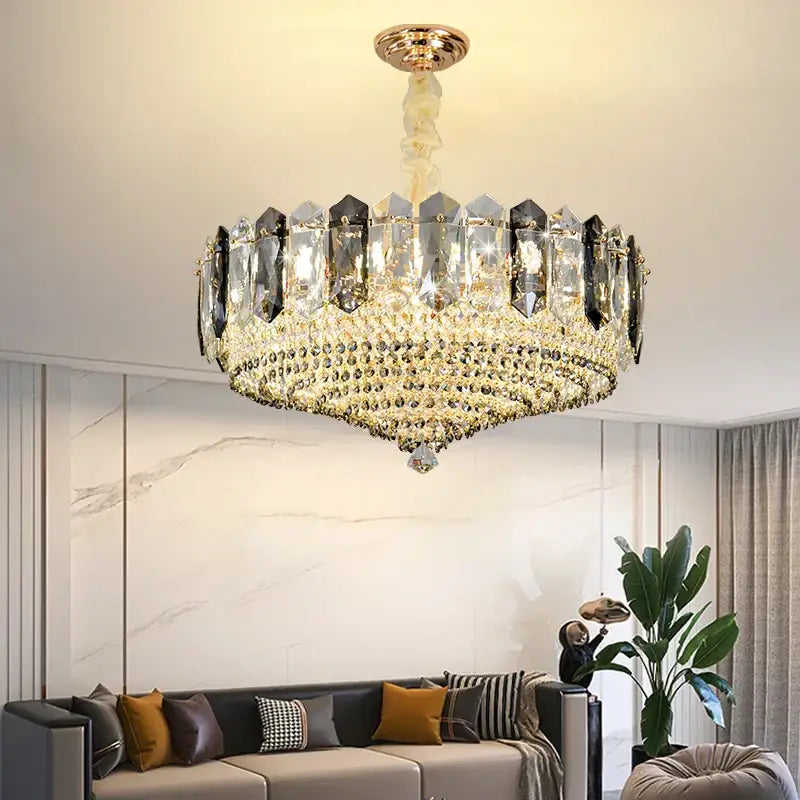 Luxurious gold-toned decorbites crystal duplex villa chandelier with clear and dark gray crystals for living room decor