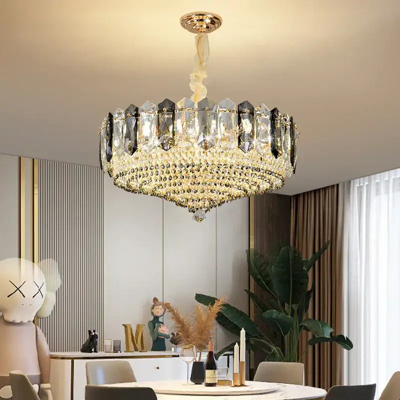 Luxurious gold and gray crystal duplex villa chandelier with multi-tiered faceted crystals for living room decorbites crystal duplex